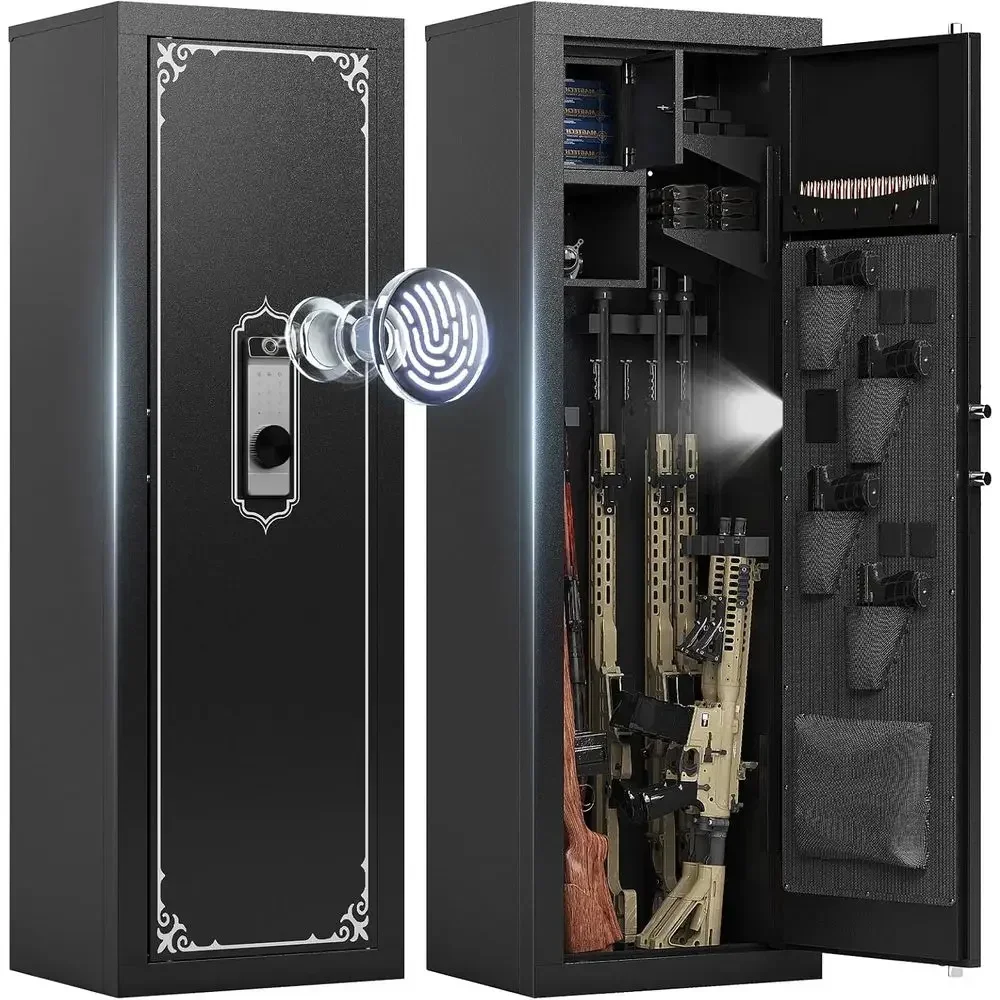 Biometric Rifle & Pistol Safe, 10-14 Capacity, Large Storage with Fingerprint Lock, Adjustable Shelves, Silent Operation & Anti-