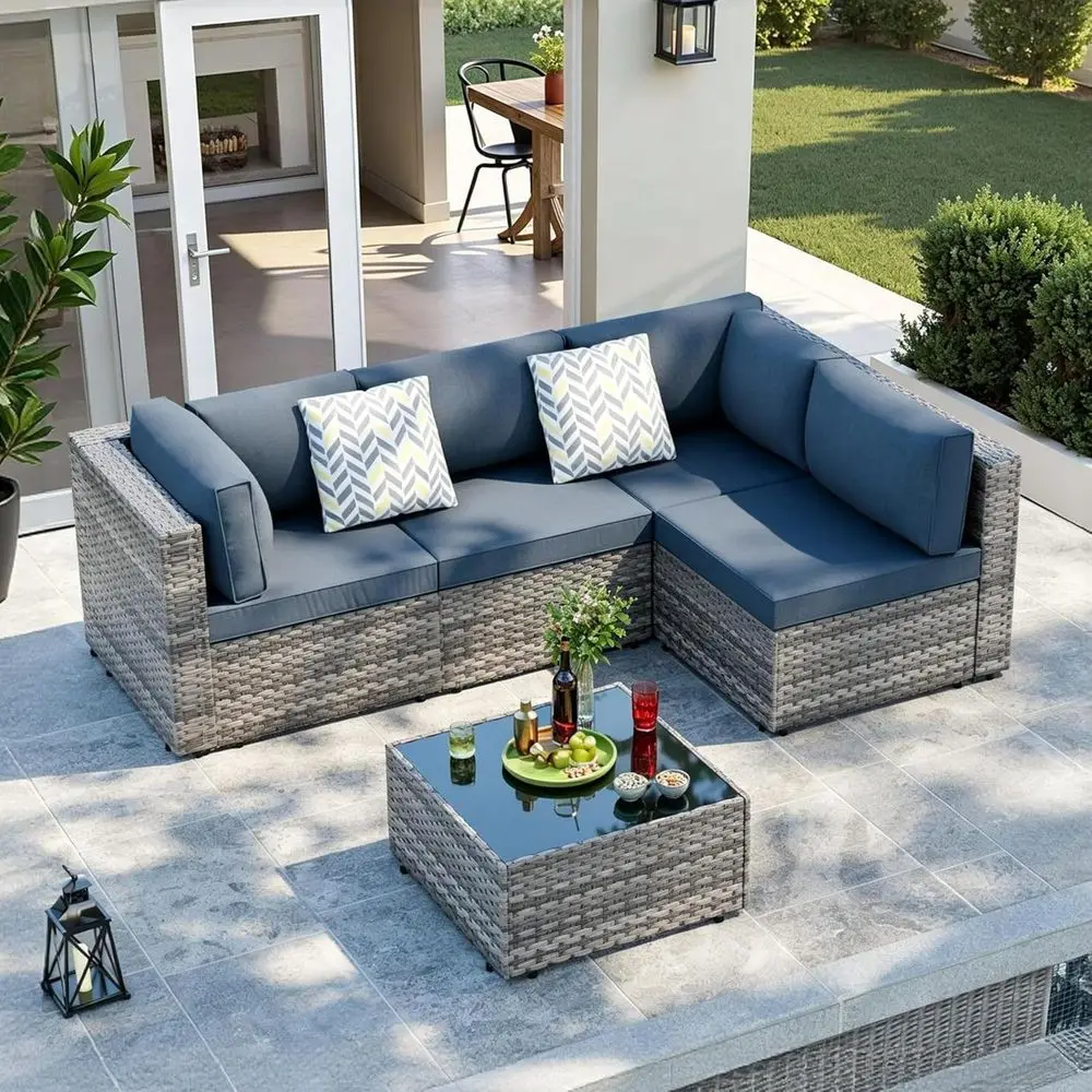 5 Piece Patio urniture Sets, Low Back All-Weather Rattan Sectional Soa with Tea Table&Washable Couch Cushions, Patio urniture Se
