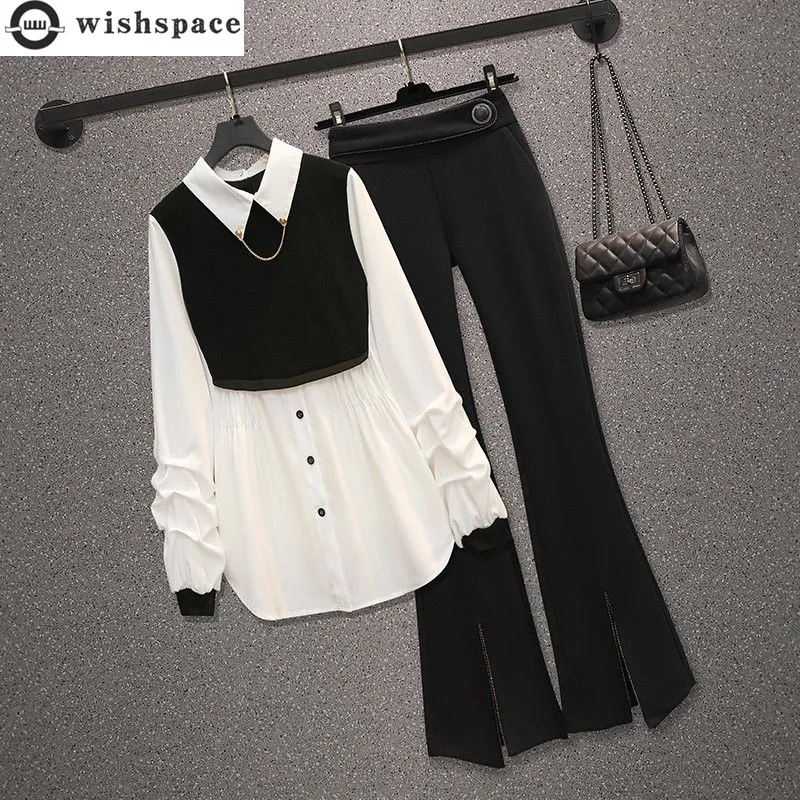 Korean Fashion Elegant Women's Pants Suit Pleated Chiffon Shirt Black Wide Legged Pants Two-piece Set Comfortable Tracksuit