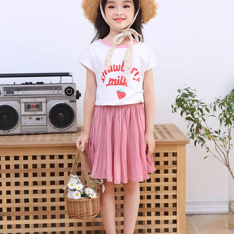 Children Chiffon Solid Princess Pleated Skirt Sweet Big Kids Tutu Skirts with Safety Pants Elastic Waist Mini Skirt for Girls