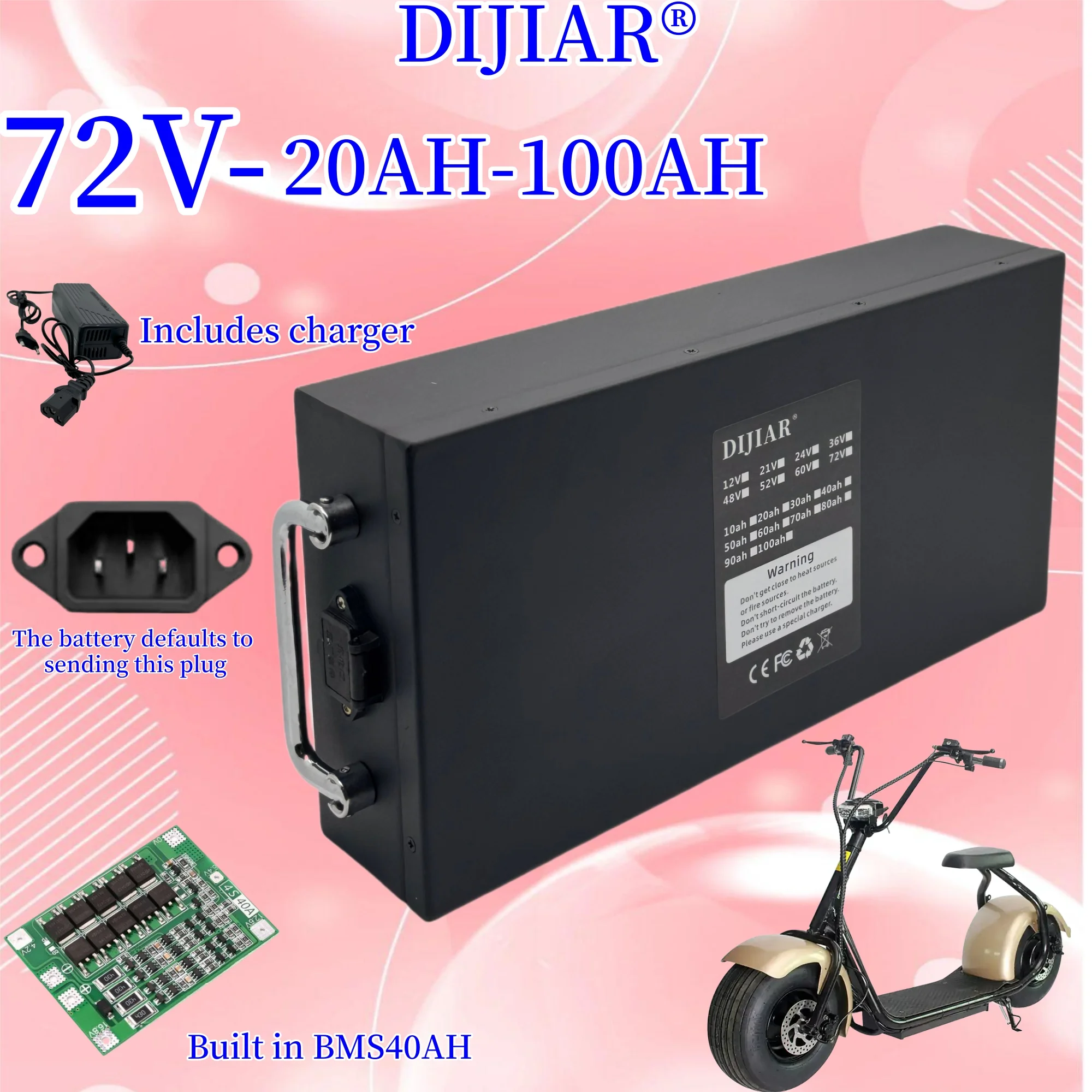 

72V Harley 18650 lithium battery 20AH-100AH, waterproof shell, in stock, air freight, built-in BMS40AH