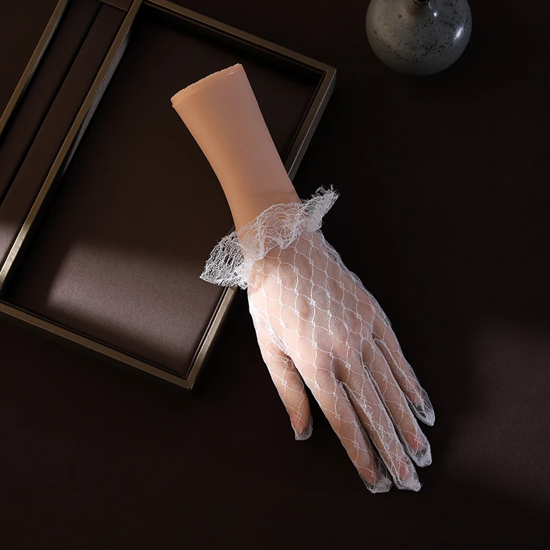 White mesh fingered short bridal gloves, sexy transparent wrist length Wedding gloves, suitable for women's wedding accessories