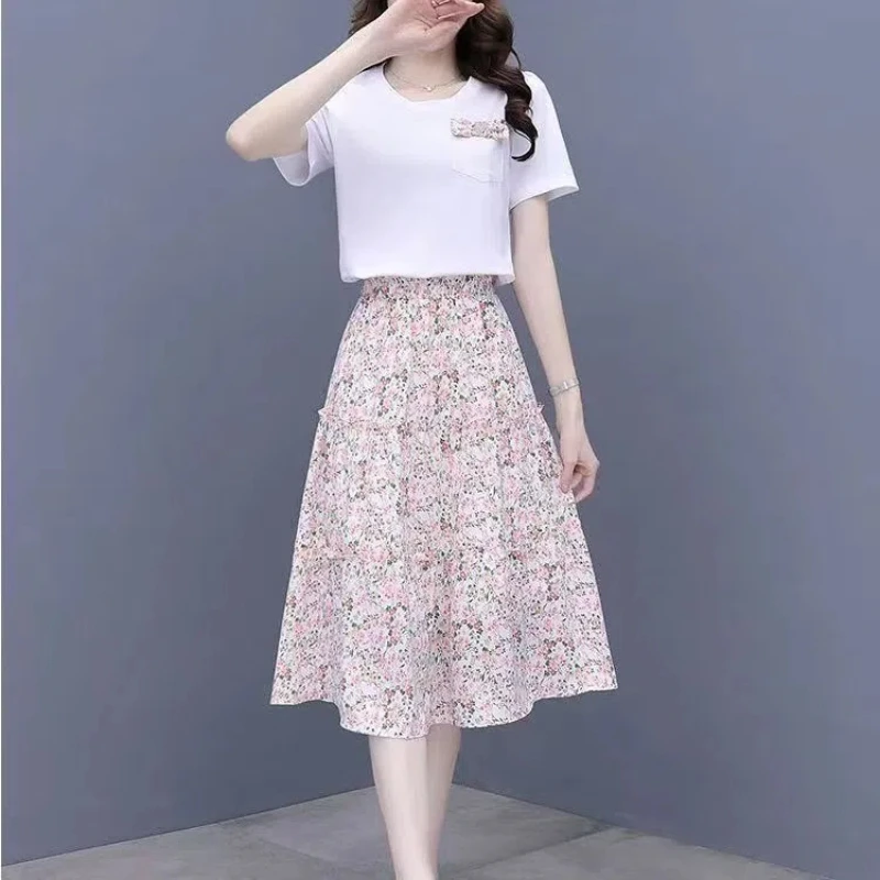 Summer New Fashion Sweet Fragmented Flowers Summer Two Piece Set Round Neck Pocket Short Sleeve T-shirt High Waist Printed Skirt