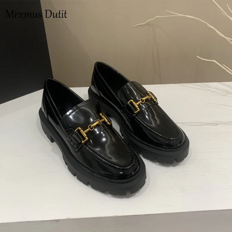 Mrxmus Dutit 2024 New Women Genuine Leather Round Head Thick Loafer Shallow Black Wild Casual Simple Slip-on Shoes Female