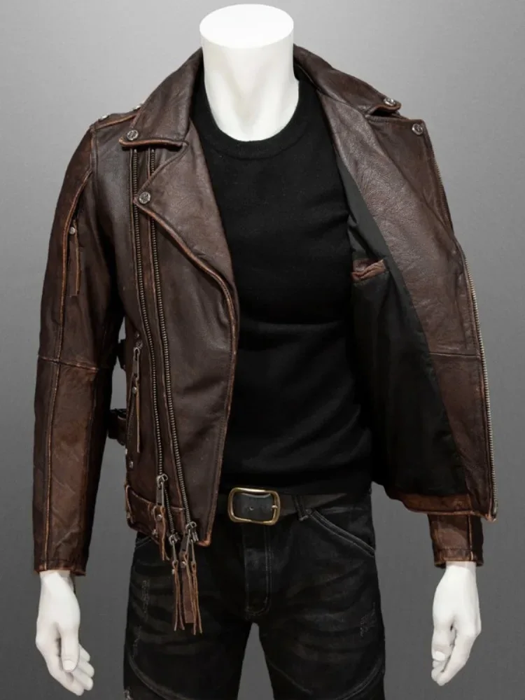 Męska kurtka z prawdziwej skóry bydlęcej Streetwear Punk motocyklowy krótki płaszcz jesienny zamek błyskawiczny Slim Vintage kurtka pilotka rozmiar 5XL 6XL — zdjęcie 5
