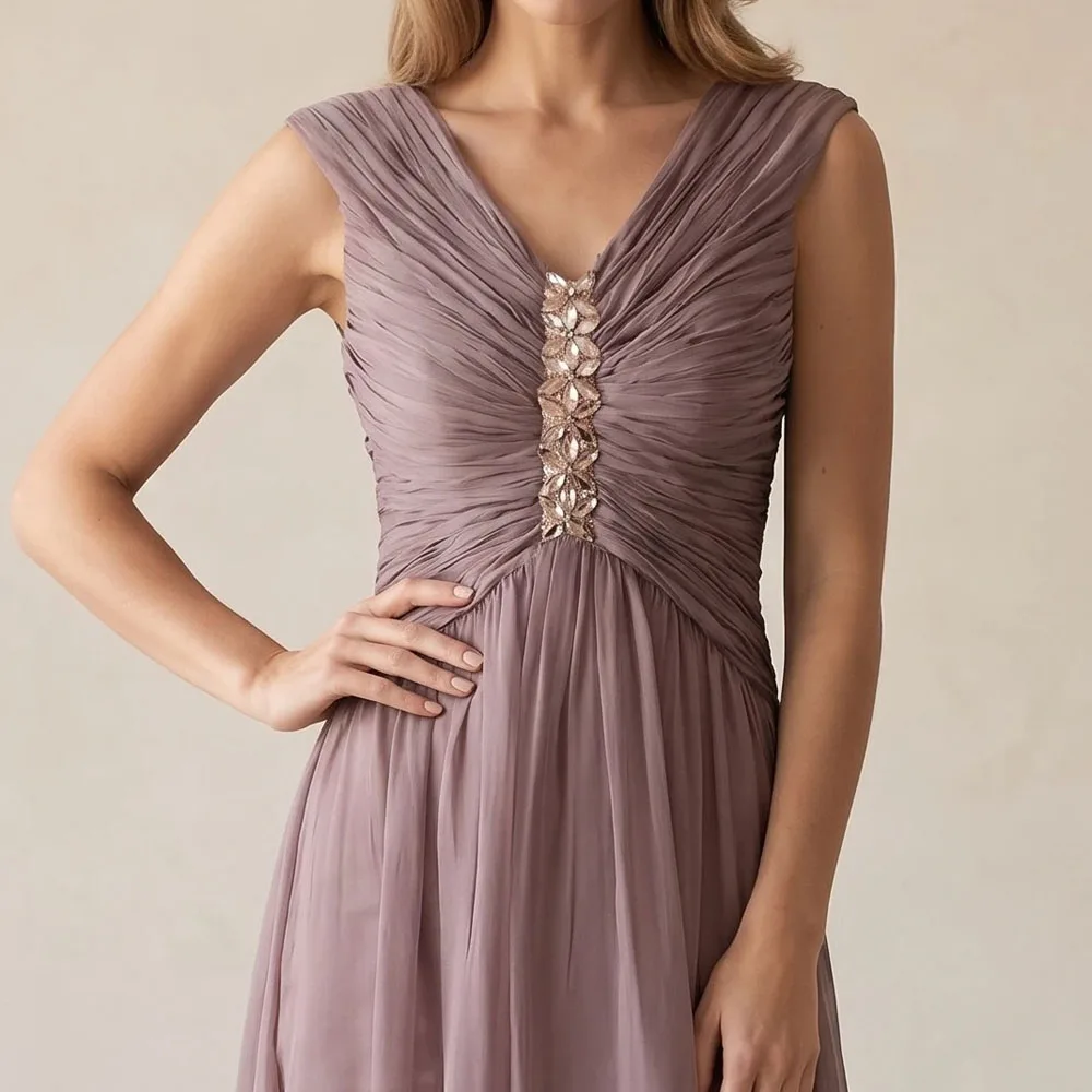 Mother of The Bride Dress Sleeveless V Neck Customized Crystal Gem Decoration A Line Chiffon Wedding Guest Gowns Party Dresses