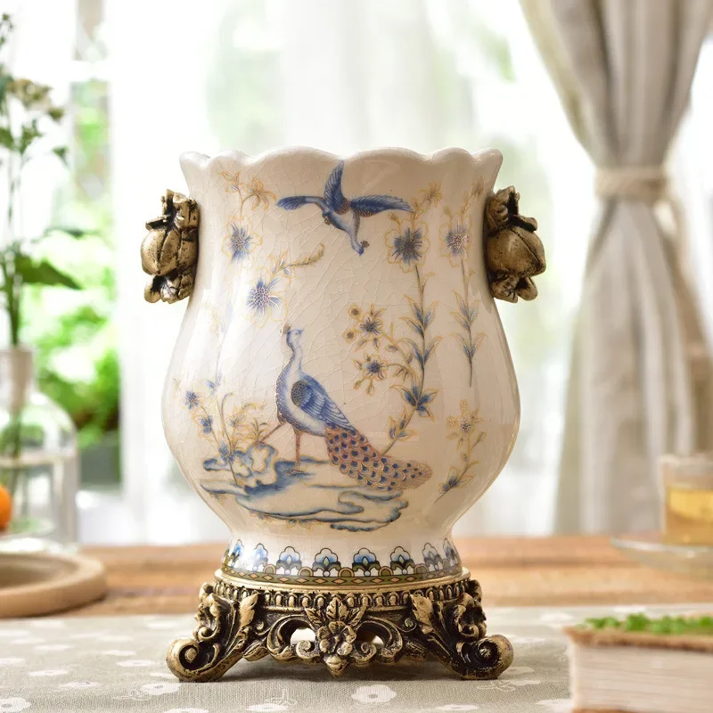 Retro Flower Vase Blue And White Ceramic Hydroponic Container Dining Table Craft Ornaments Ice Cracking Pattern Home Decoration