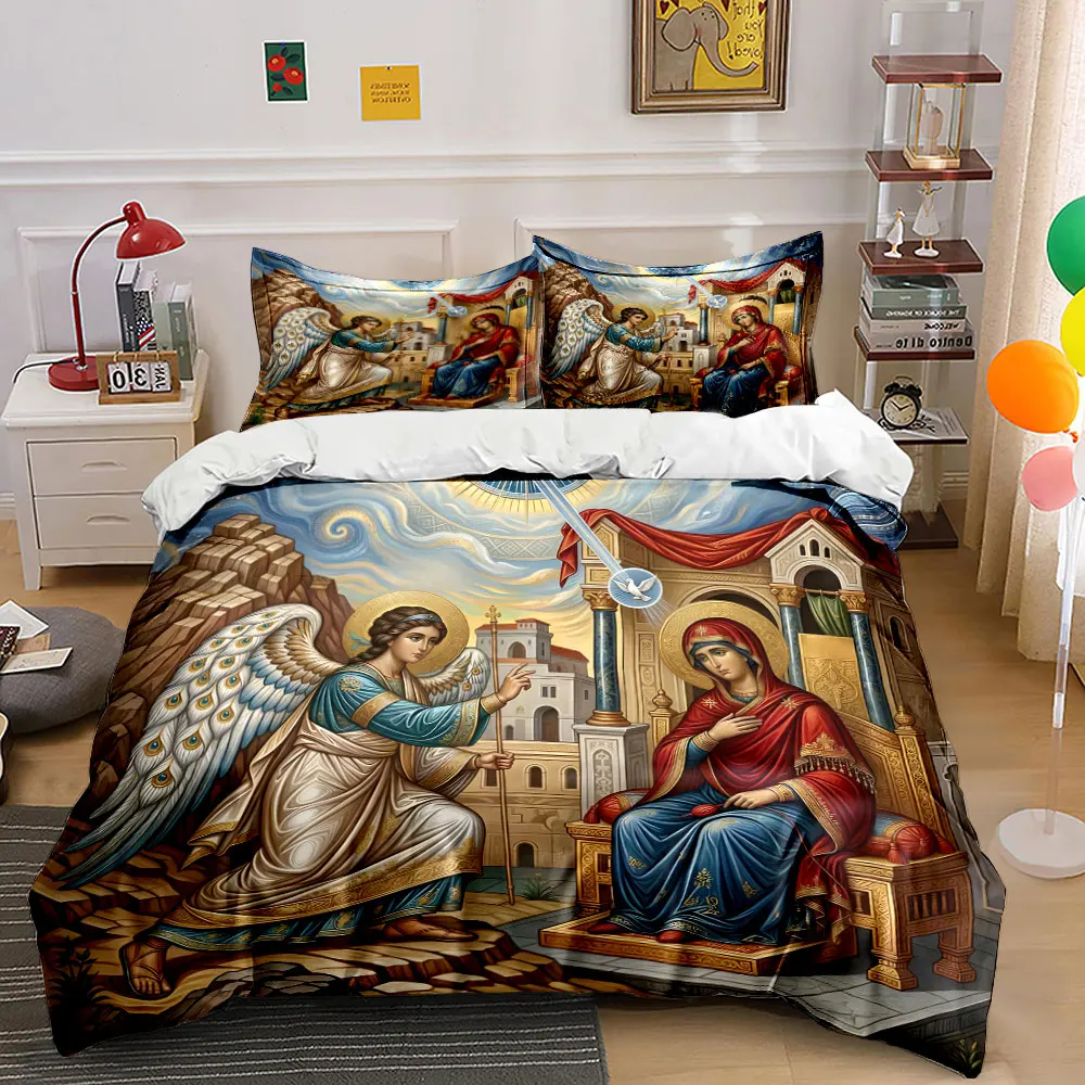 Angel and Virgin Mary solemn dialogue Duvet Cover Set with 3D Printing Design Soft Polyester Bedding Set All-Season Comfort