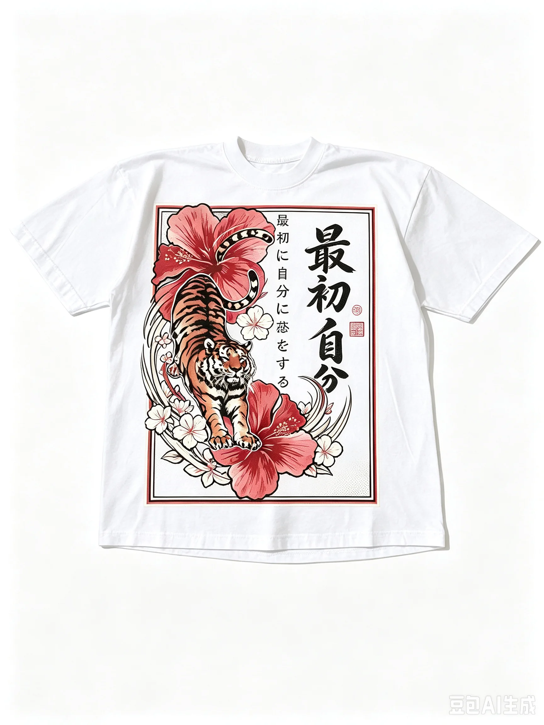 Men Vintage Japanese Style T‑Shirt Tiger Flower Kanji Graphic Print Streetwear Casual Tee