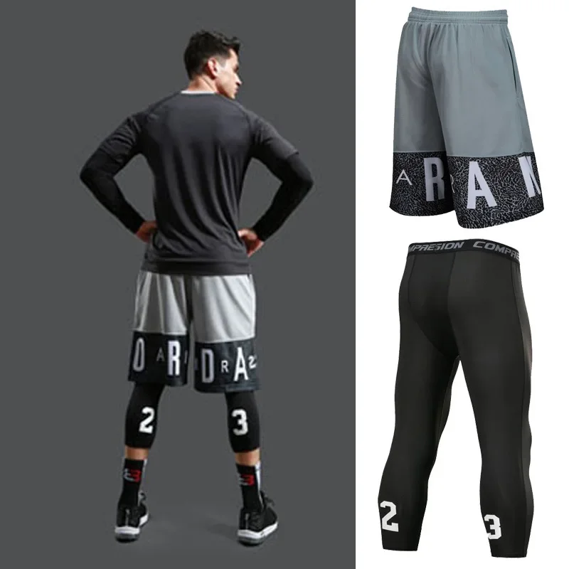 Men Running Compression Sweatpants Gym Jogging Leggings Basketball Football Shorts Fitness Tight Pants Outdoor Sport Clothes Set