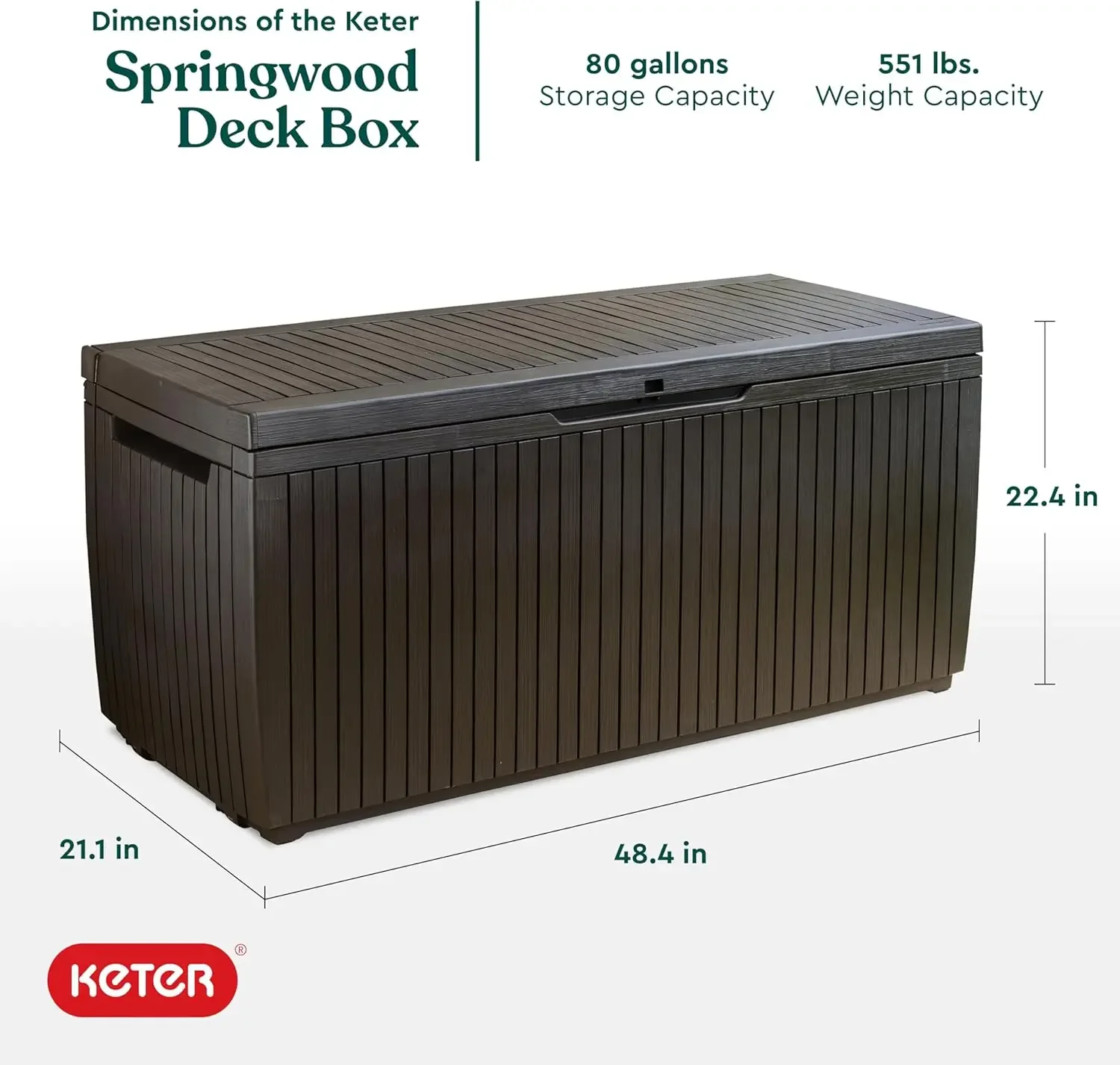 Keter Springwood 80 แกลลอนเรซิ่นกลางแจ้งกล่องเก็บสําหรับ Patio เฟอร์นิเจอร์หมอนอิง,อุปกรณ์สระว่ายน้ําและสวนเครื่องมือจับ