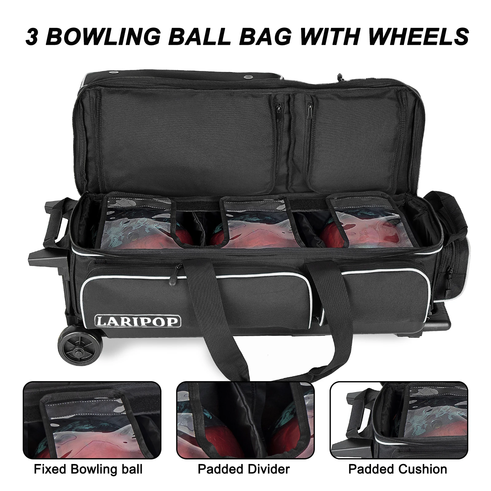 3 Bowling Ball Bag With Wheels - Rolling Bag for Balls & Accessories - Retractable Handle Extends to 38