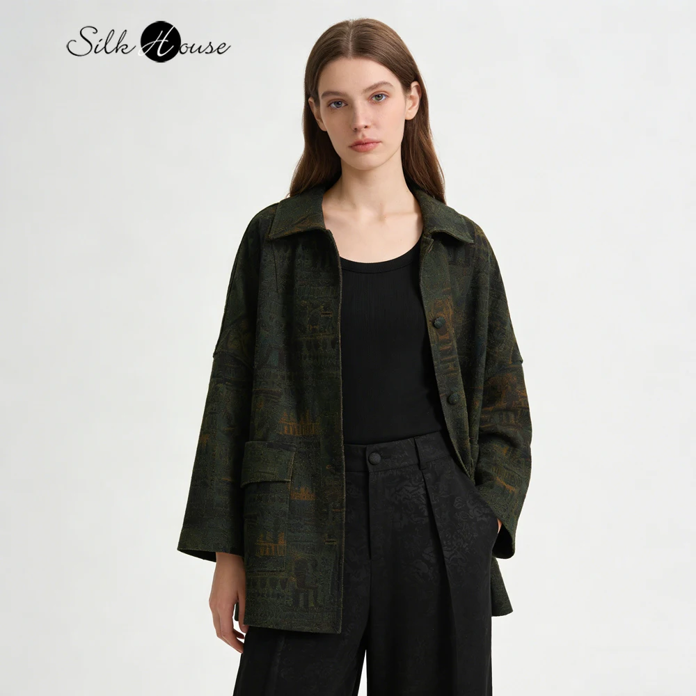 

Женское модное пальто 2026 года, весенняя новинка, с бронзовым принтом, из 100% натурального шелка тутового шелкопряда, с ароматной облачной пряжей, отложным воротником и длинными рукавами