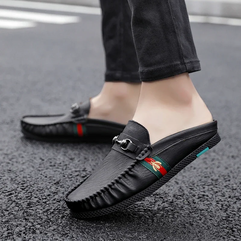 

Summer Breathable Shoes Men Fashion Leather Half Shoes Slip on Moccasins Casual Italian Style Luxury Brand Half Loafers
