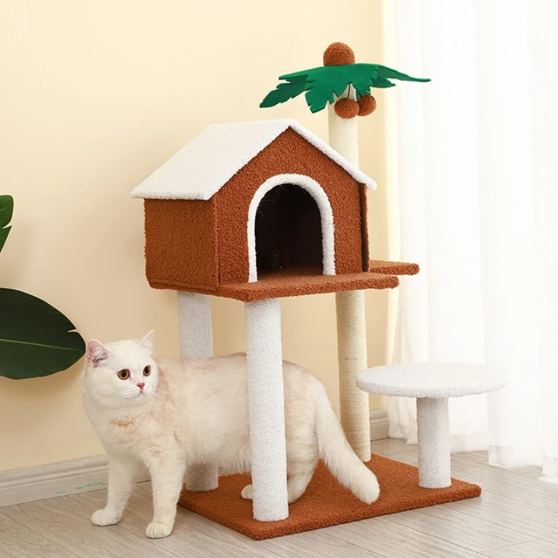 Coconut Tree Cat House And Condos Multifunction Cat Tree With Sisal Rope Scracthing Posts Wooden Cat Tower For Climbing, Sleep