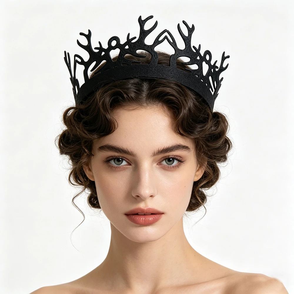1pc Fashion Black Gothic Antler Crown Tiara Dark Forest Metal Queen Headband Hair Accessories for Cosplay Party Formal Events
