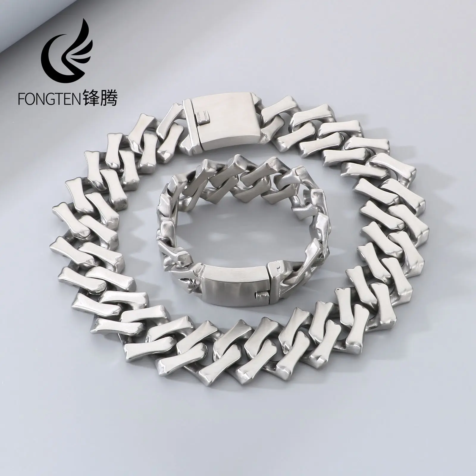 

Fongten 32mm Trendy Men Cuban Chain Couple Stainless Steel Bracelet Necklace Wrist Ankle Accessories Fashion Jewelry Party Gifts