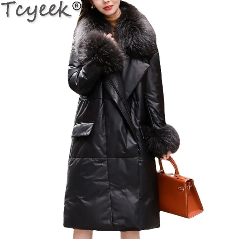 Tcyeek Real Raccoon Fur Collar Winter Coat Women Genuine Leather Female Jacket Fur Coat Women Warm Down Jackets Casaco Pele