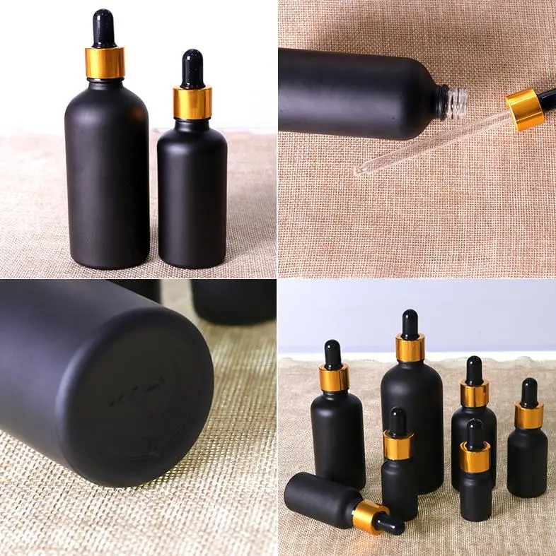 

Matte Black Glass Essential Oil Bottles with Gold Dropper Cap 5ml 10ml 20ml 30ml 50ml 100ml Skin Care Serum Dropper Bottle ni19