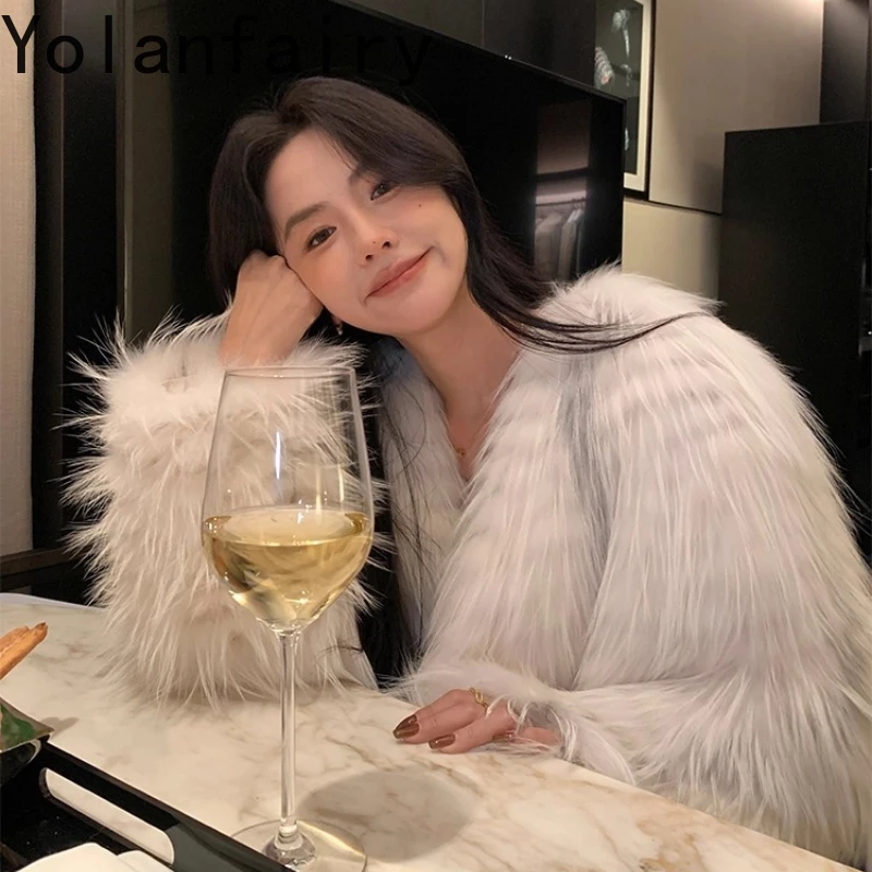 

YOLANFAIRY natural real fur coat woman winter warmth V-neck elegance luxury high-end Short fur jacket female pure color 2025
