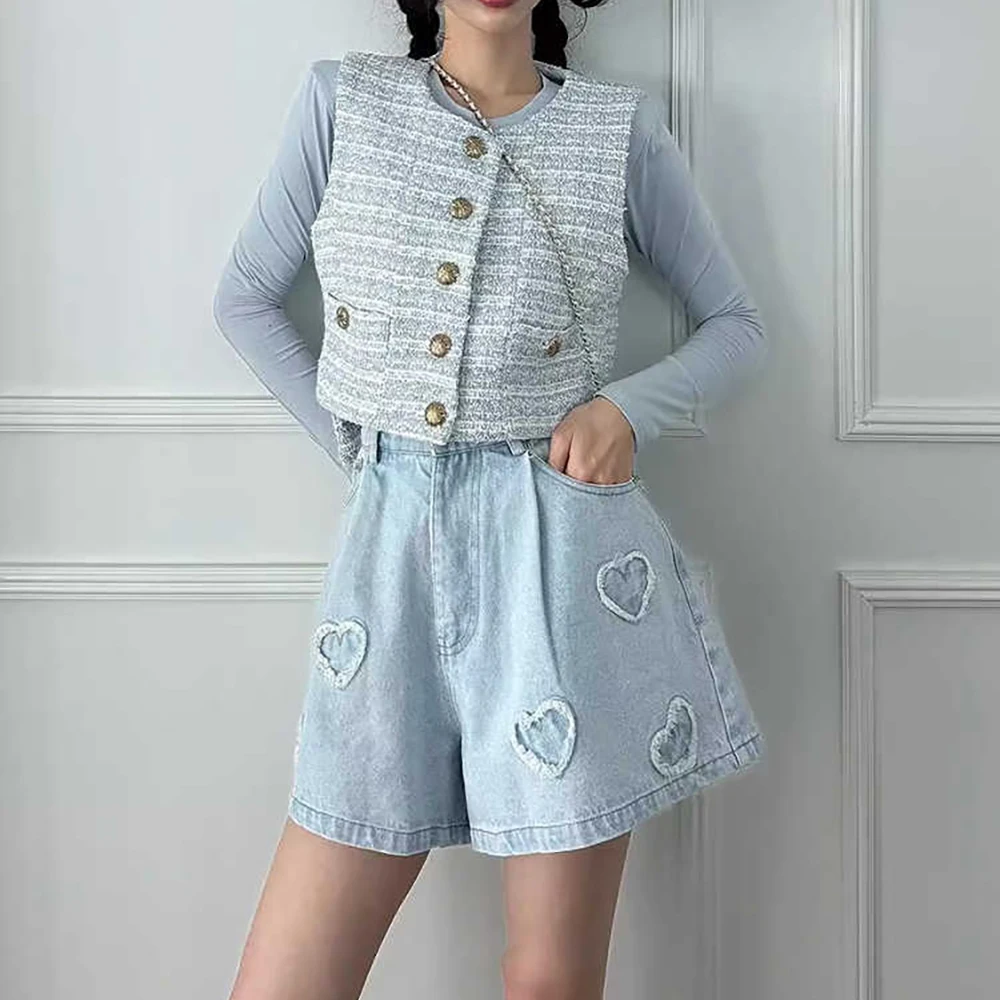 

Корейские синие джинсовые шорты для женщин, летние, с сердечками и бахромой, модные, с высокой талией, широкие, укороченные джинсы-шорты