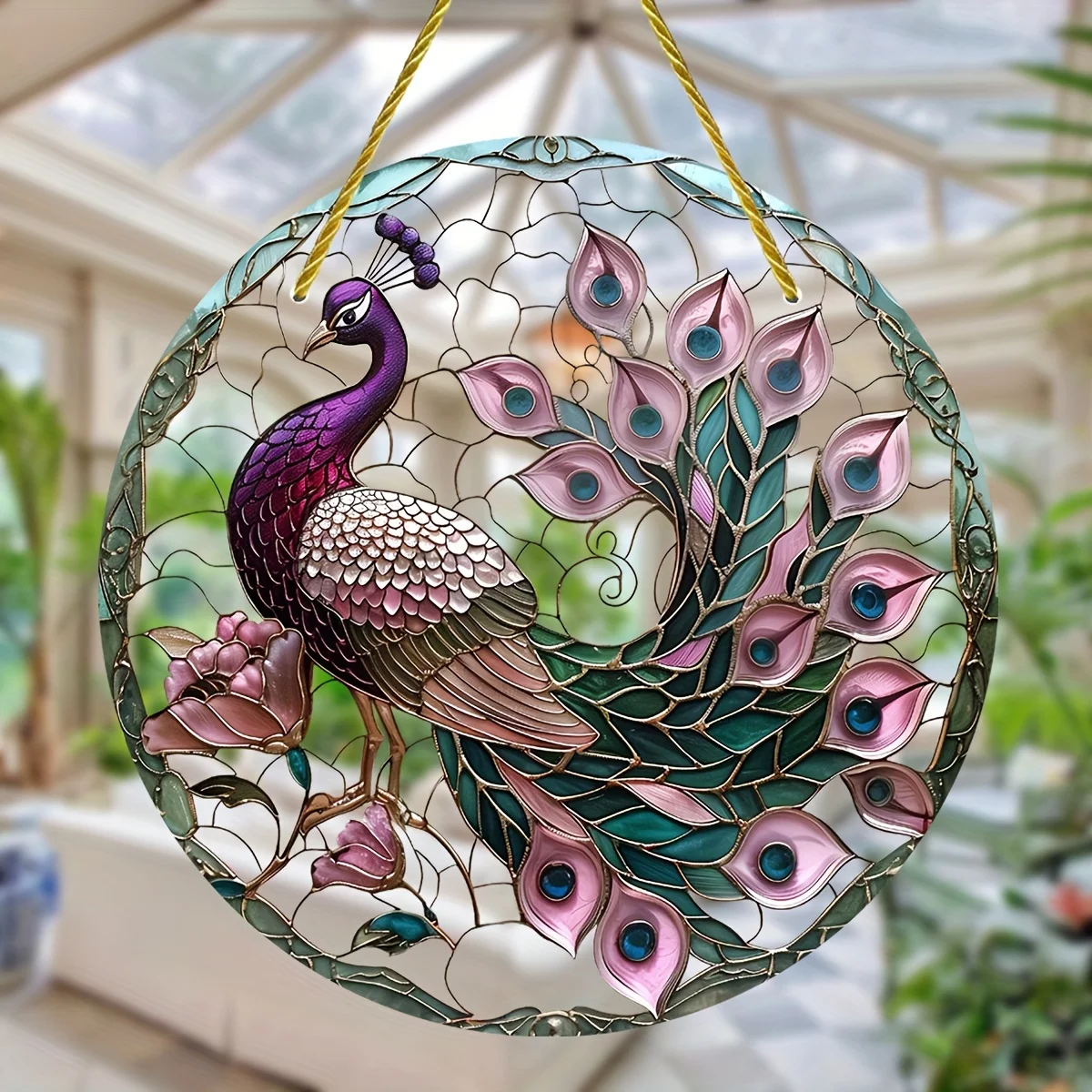 Charming Pink Peacock Acrylic Suncatcher-Round Window Hanging Light Catcher For Home&Garden Decor,Wreaths,Seasonal Celebrations