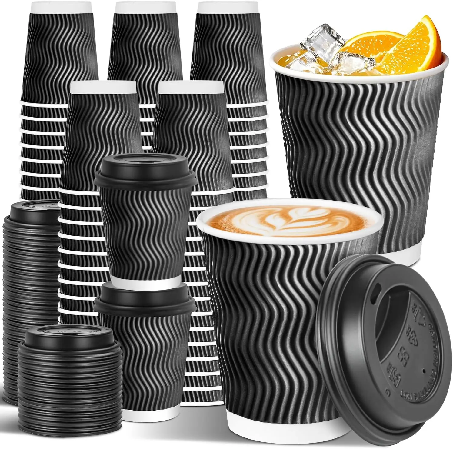 

100 Pack 8 oz Disposable Coffee Cups with Lids, To Go Insulated Thick Coffee Cups for Hot/Cold Beverage, Corrugated Ripp