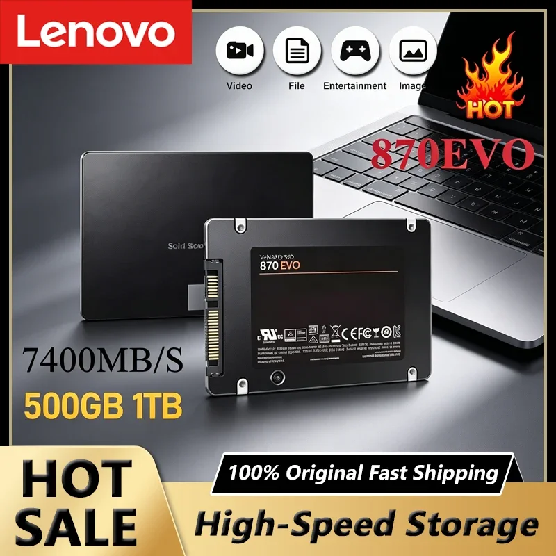 

Твердотельный накопитель Lenovo SSD 870 EVO 1TB/2TB/4TB, внутренний жесткий диск SATA3 2.5 дюйма для ноутбуков, микрокомпьютеров и настольных ПК
