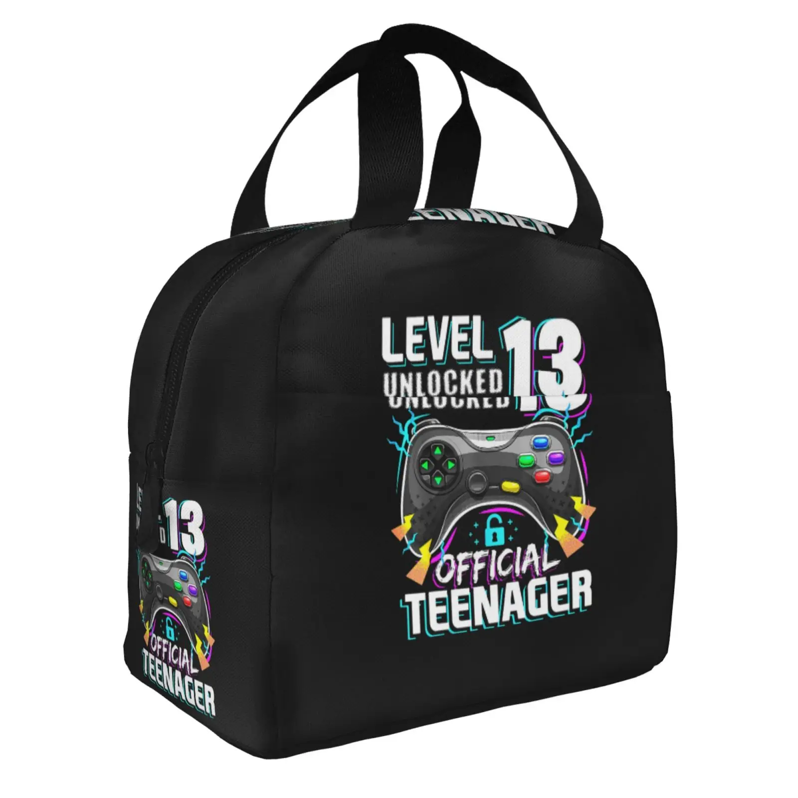 Funny Level 13 Unlocked Official Teenager Lunch Bag Portable Reusable Thermal Oxford Tote Bag for Work School Travel