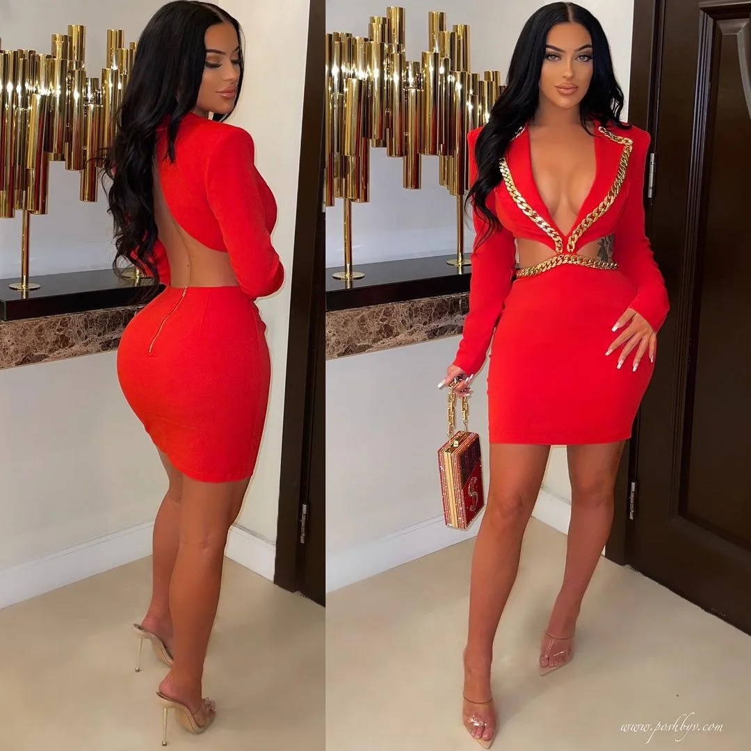 

Women Hollow Out Chain Tight Mini Dress Deep V Neck Solid Color Sexy Long Sleeve Summer Mini Dress Y2K