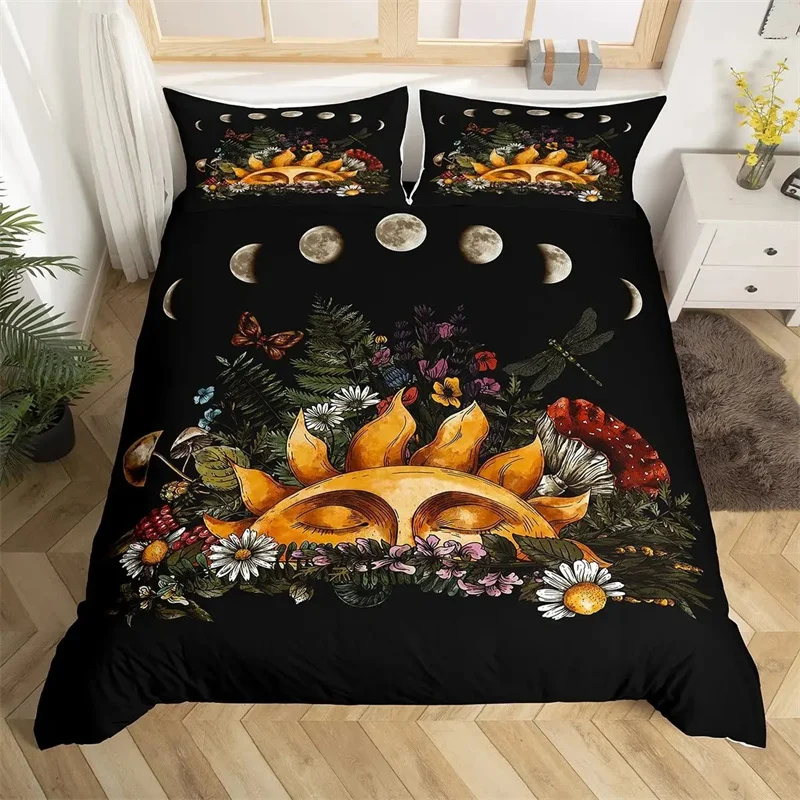 Sun Duvet Cover Colorful Mushrooms Bedding Burning Sun Comforter Cover Halloween Skull Hippie Style Bedding Bedroom Decoration