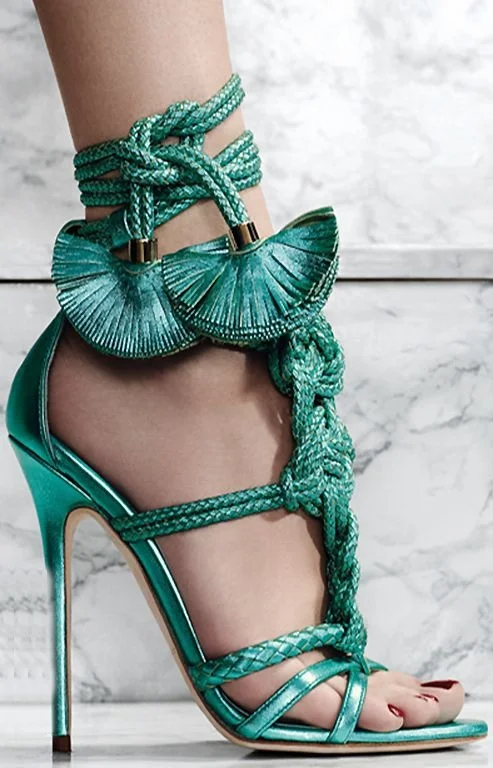 Open Toe Rope Straps Sandals Ankle Lace Up Fanshaped Tassel Decor Stiletto Heels Shiny Leather Fashion Women Summer Roman Shoes