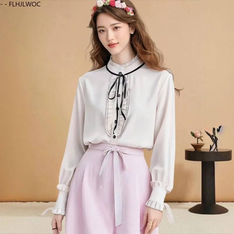 

Ruffles Female Tops Blouses Hot 2025 Autumn Cute Sweet Girls Preppy Style Lace-Up Bow Tie Formal Work Office Lady Basic Shirts