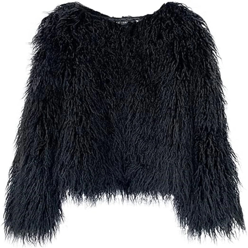 

Shaggy Fluffy Faux Fur Coat Solid Color Sweater, Long Sleeve Short Jacket, Women's Fashion Puffy Overcoat Outwear