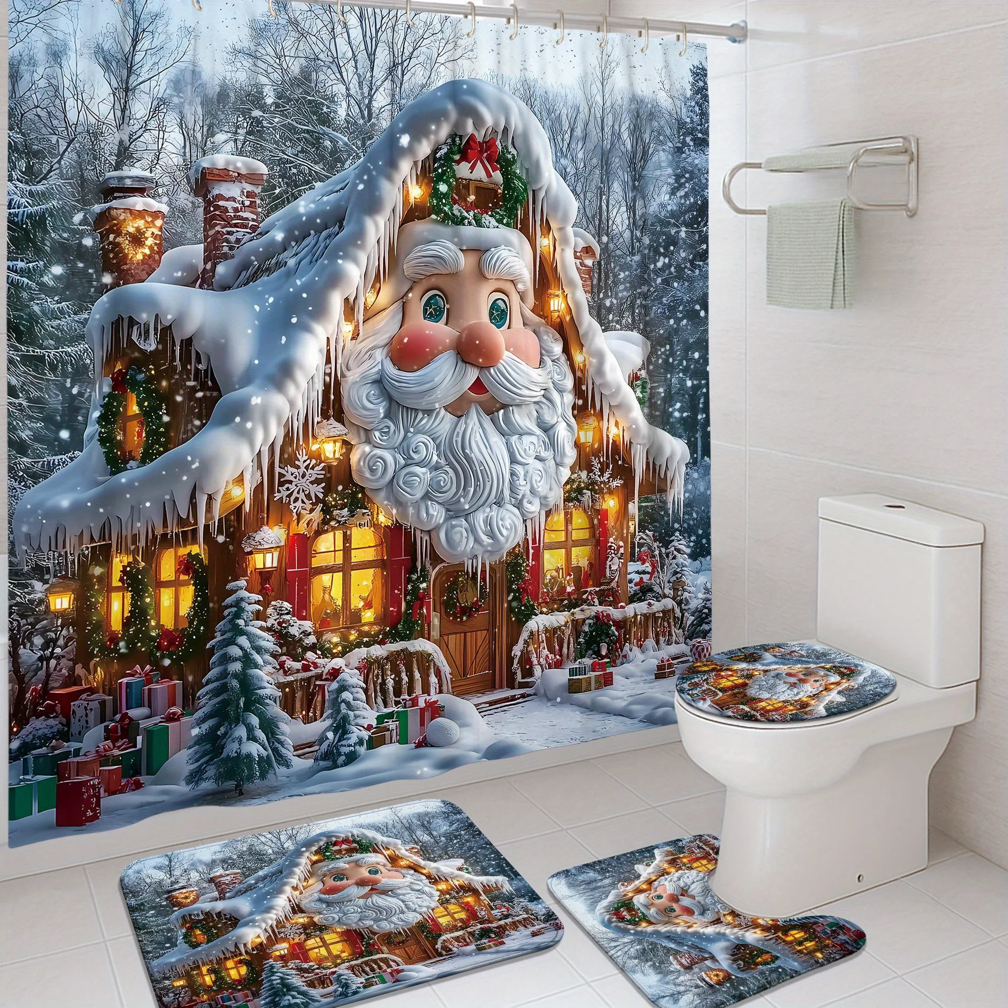 4Pcs Christmas Santa Tree House Shower Curtain Set, White Brown Polyester with 12 Hooks, Non-slip Mat & Toilet Lid Pad,