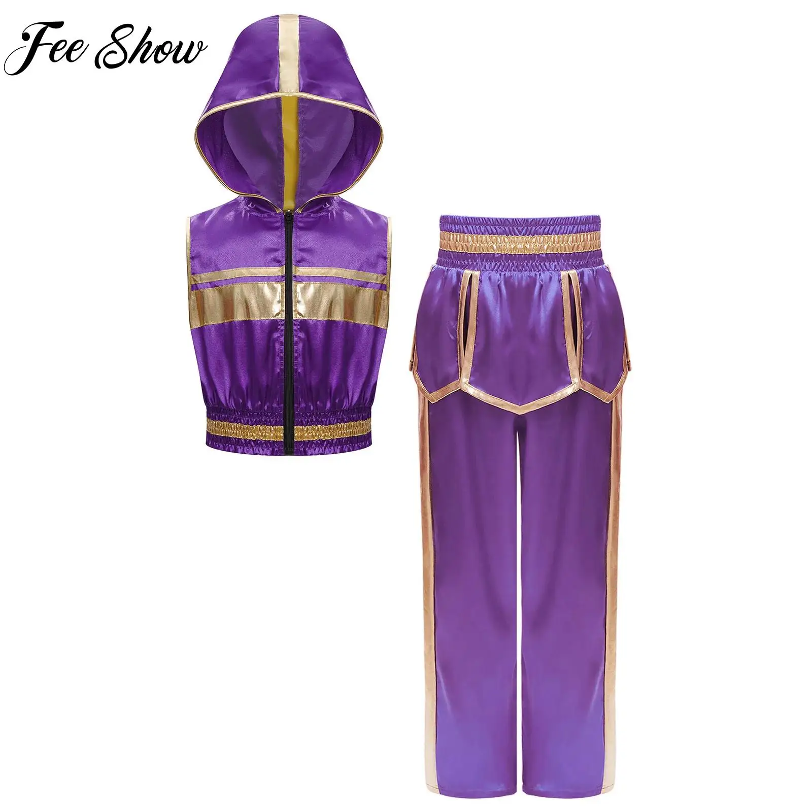 Muay Thai Fight Outfit for Boys Kids Metallic Trim Sleeveless Hoodie with Pants Kick Boxing Set Child MMA Training Costume Suits