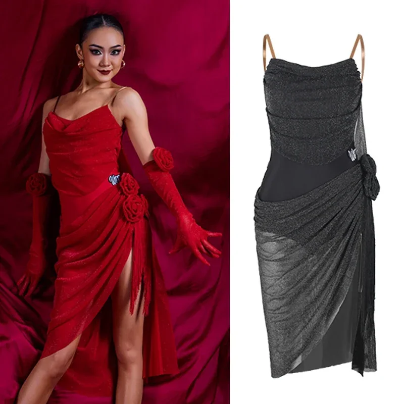

New Latin Dance Competition Dress Women Flower Split Sexy Dress Rumba Tango Dance Performance Clothes Adult Prom Wear DNV18852
