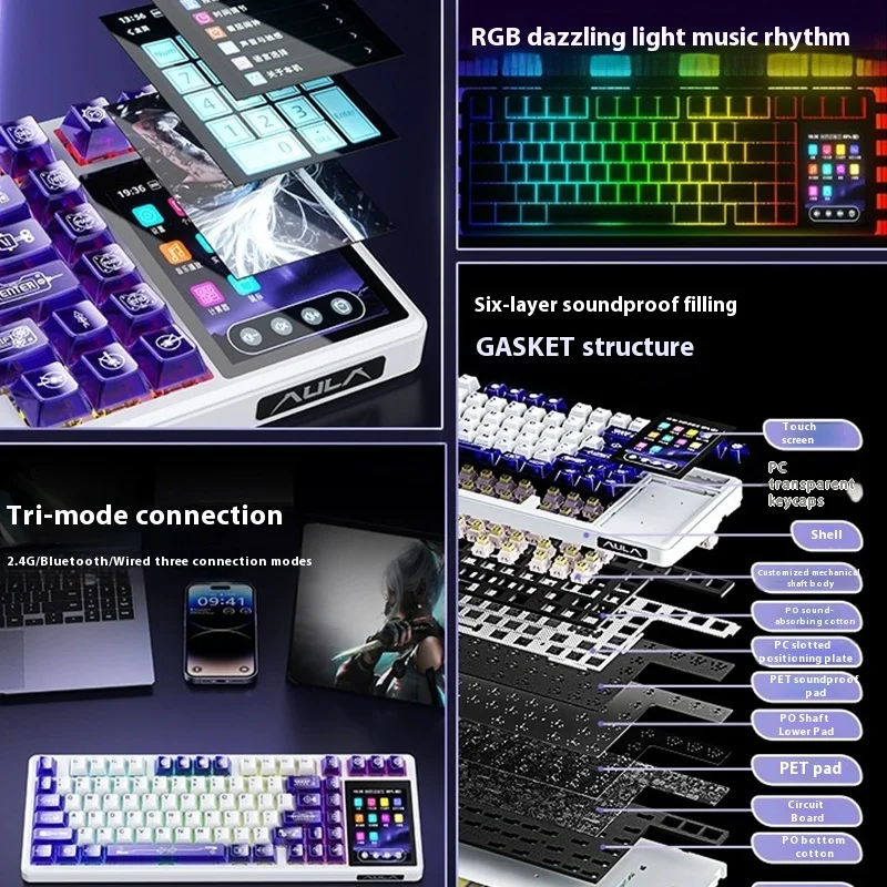 AULA L99 Wireless Mechanical Keyboard Screen Display Bluetooth Customized Touch Office Hot-swap PC Gaming Keyboard Laptop Keycap