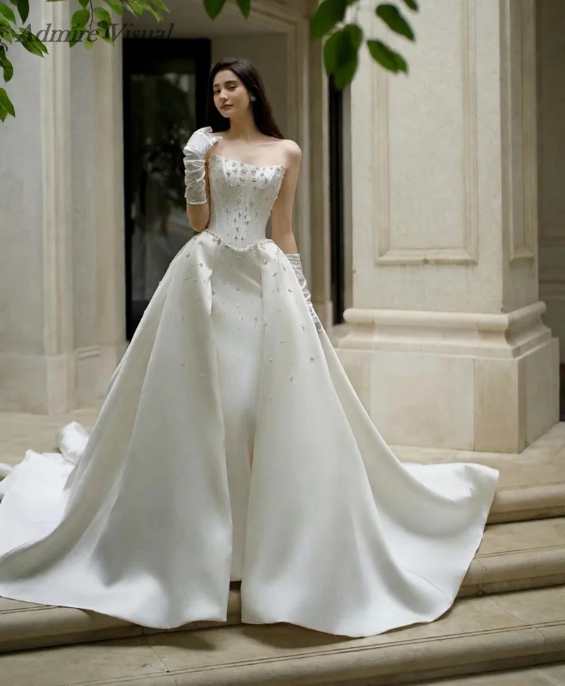 Admire Visual Classic Wedding Dress Mermaid 2 In 1 Satin Boat Neck Neckline Basque Customized Bride Gowns