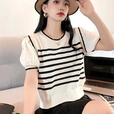 

Short Sleeve Knitted Sweater Women Pullovers New O-Neck Striped Knit Sweater Pullover Women Tops Knitwears Sueter Feminino Q3557