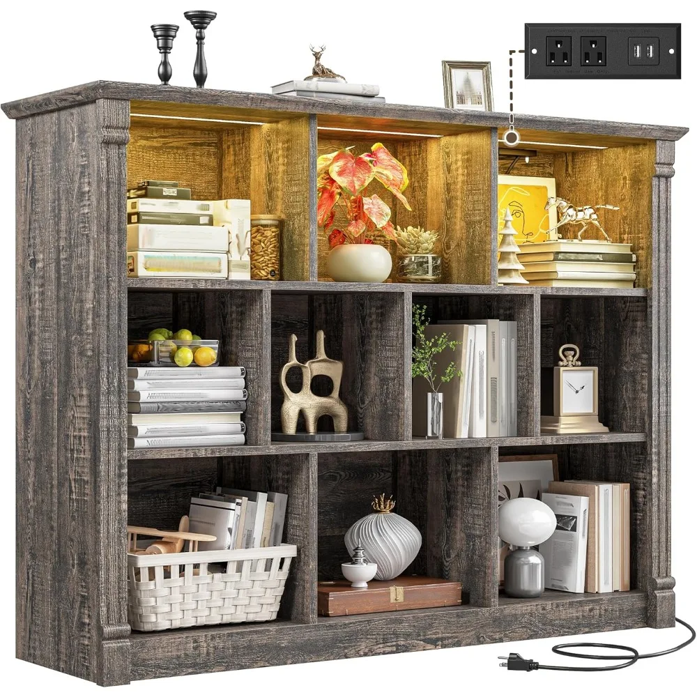 

10-кубный органайзер для хранения со светодиодной подсветкой и зарядной станцией, деревянная полка-куб, витрина для спальни, гостиной, офиса, бл