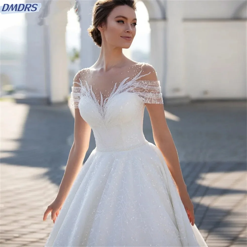 Elegant Short Sleeve Wedding Dress Classic Beaded Bride Gown 2024 Charming A-line Off-Shoulder Bride Robe Vestidos De Novia