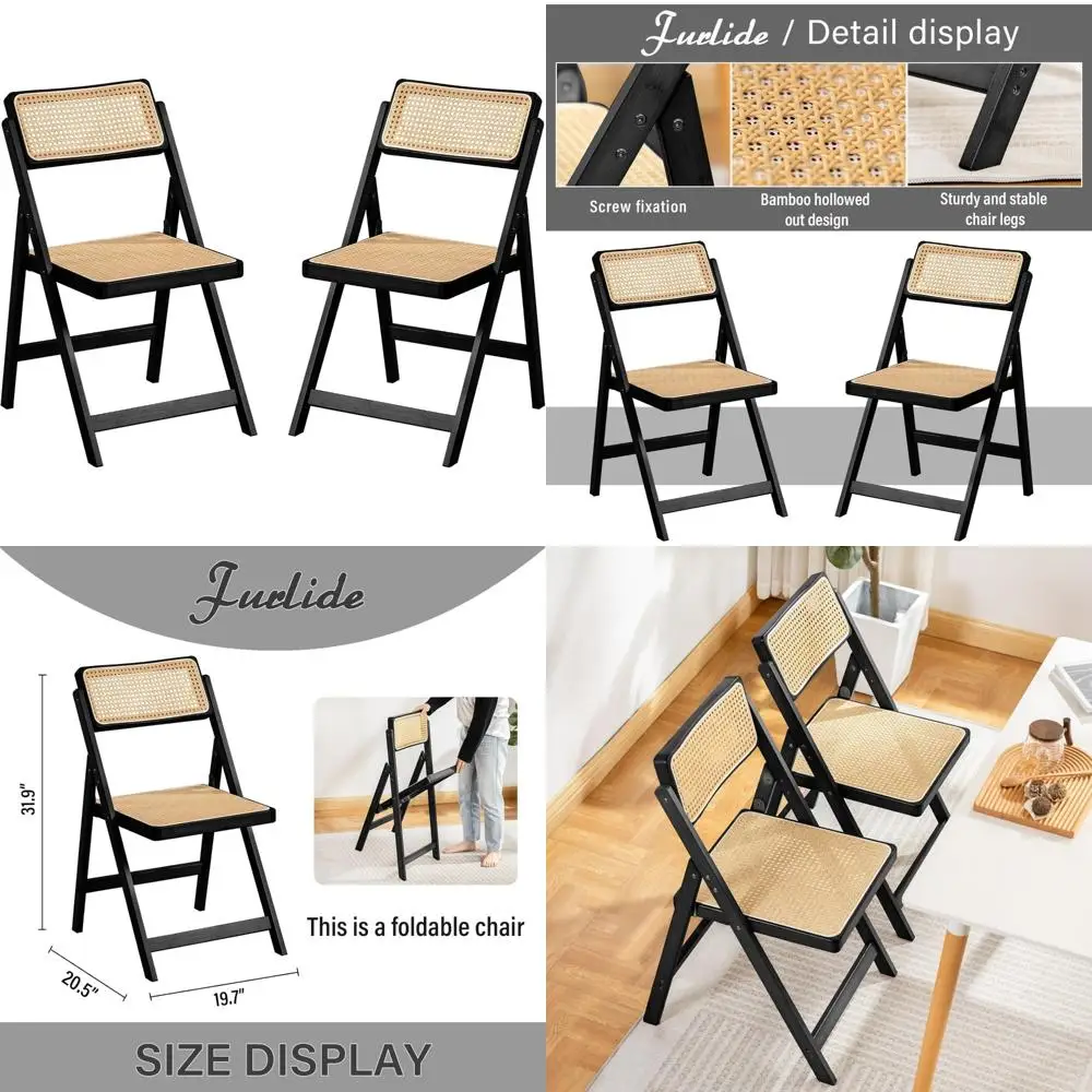 

Set of 2 Modern Mid-Century Rattan Folding Chairs, Outdoor Bamboo Seating for Home and Patio