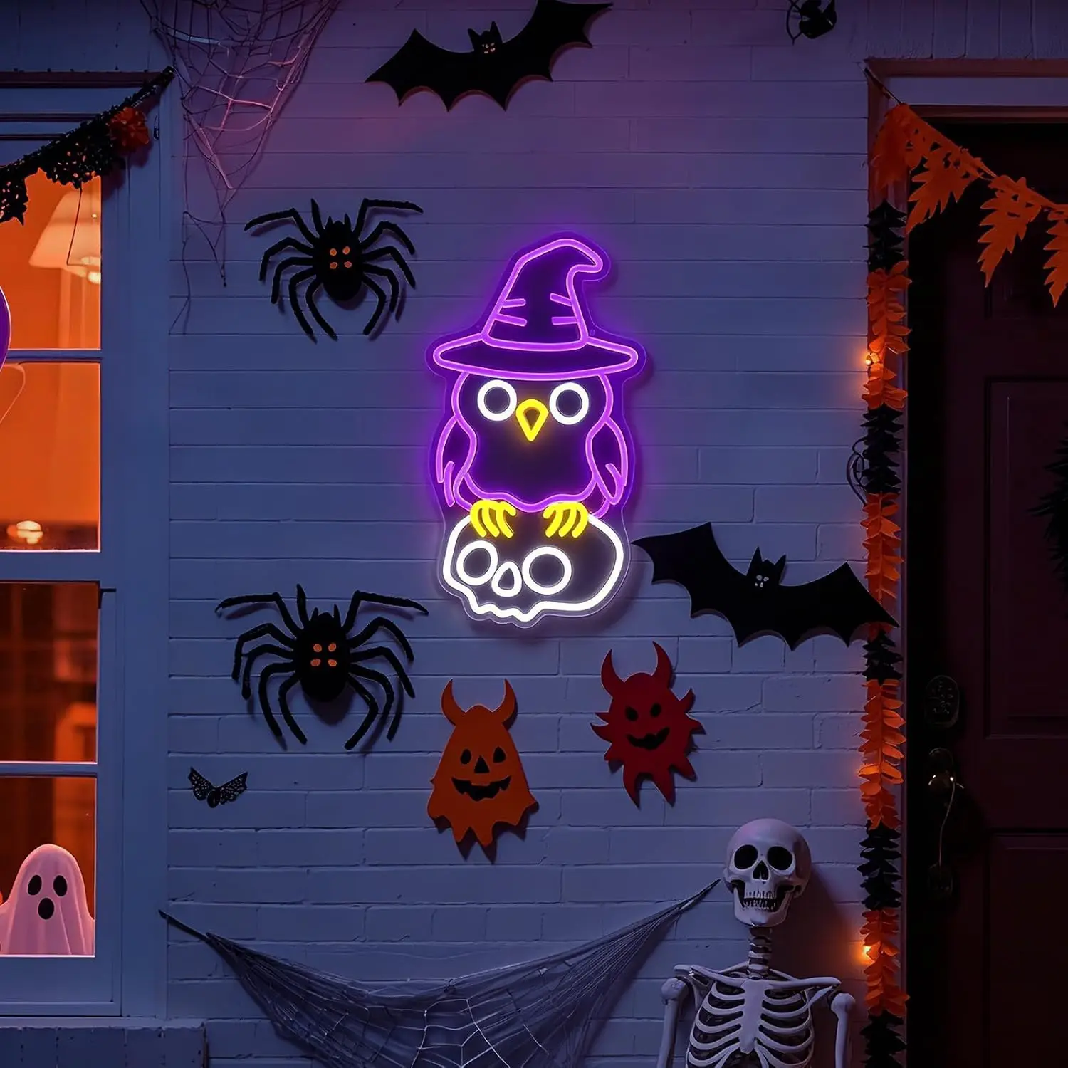Owl Neon Sign USB Powered LED Halloween Decor For Room Window Door Witch Themed Glowing Hanging Ornament For Party