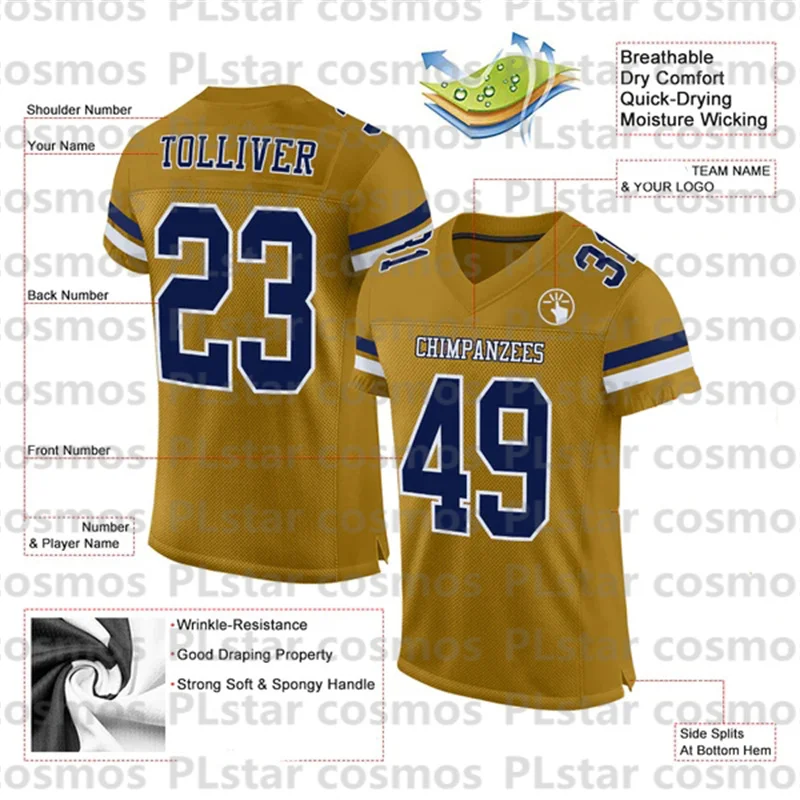 Custom Old Gold Navy-White Mesh Football Jersey 3D Printed Kids Football Jersey Boys Tops Girl Tees