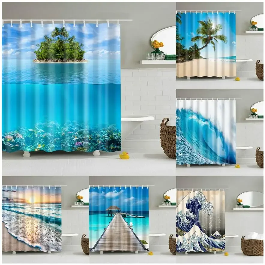 Seaside Beach Shower Curtains Sea Wave Coconut Tree Washable Bathroom Curtain Fabric Waterproof Polyester Bath Curtain Accessor