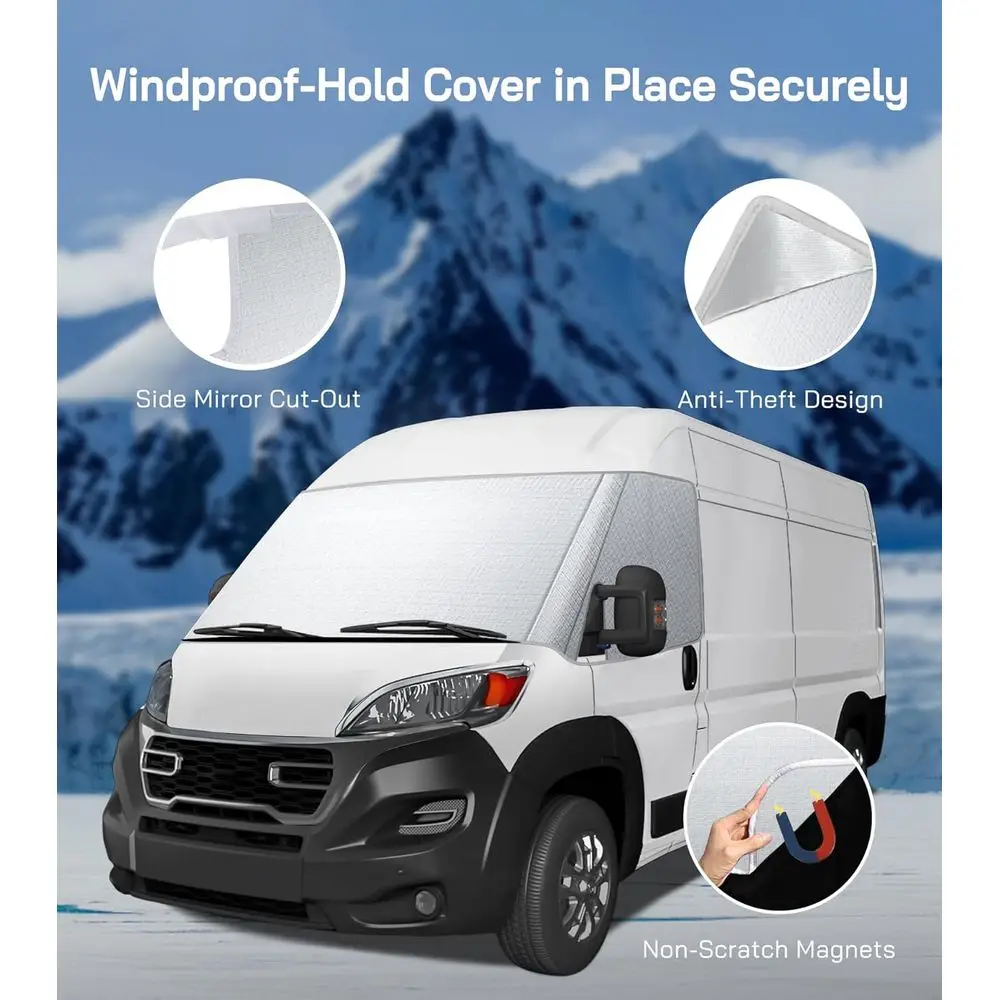 Capa de pára-brisa cinza Oxford ProMaster 2014-2024, guarda-sol frontal grosso com recortes de espelho para proteção contra gelo e neve