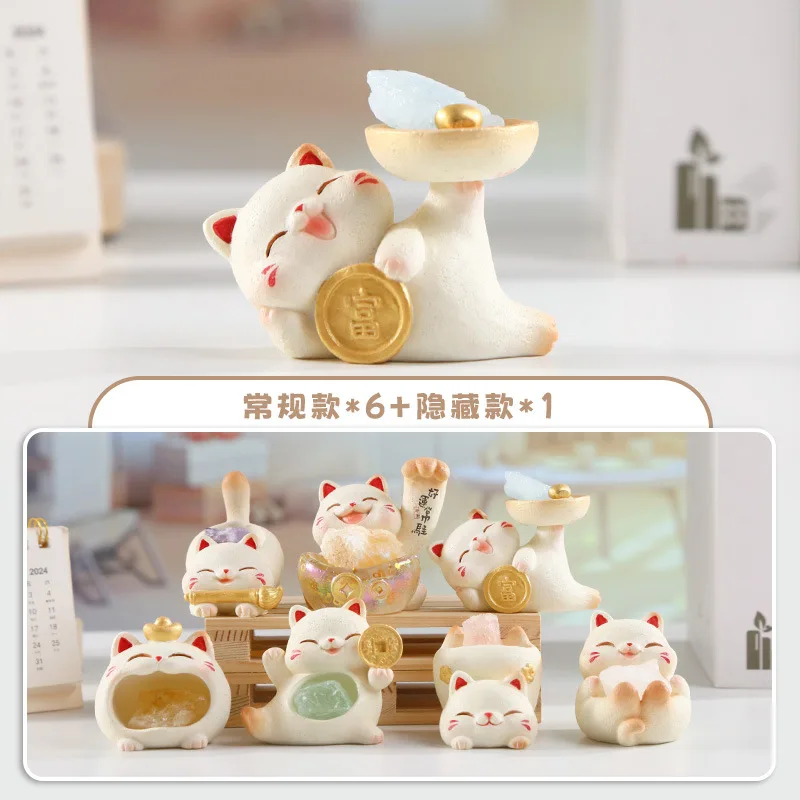 

6/9PCS Cartoon Lucky Cat Crystal Blind Box Creative Design Adorable Cat Desktop Ornament Charming Light-Up Crystal Blind Box
