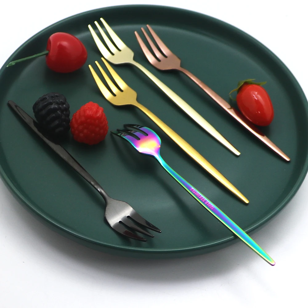 6pcs Mini Fork Set For Fruit Cake Snack Stainless Steel Tea Fruit Fork Set Rainbow Dessert Fork Gold Small Salad Fork Dinnerware