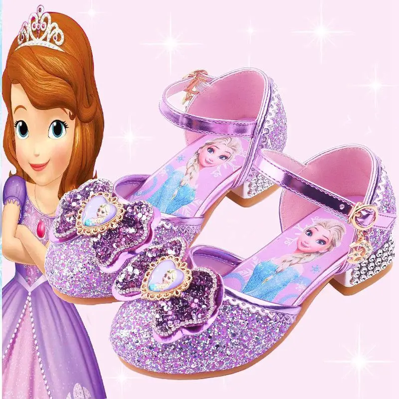 Disney Frozen Elsa Kids High Heels Shoes For Girls Cartoon Leather Children Shoes Princess Shoes Girl Sandals Dress Snow Queen